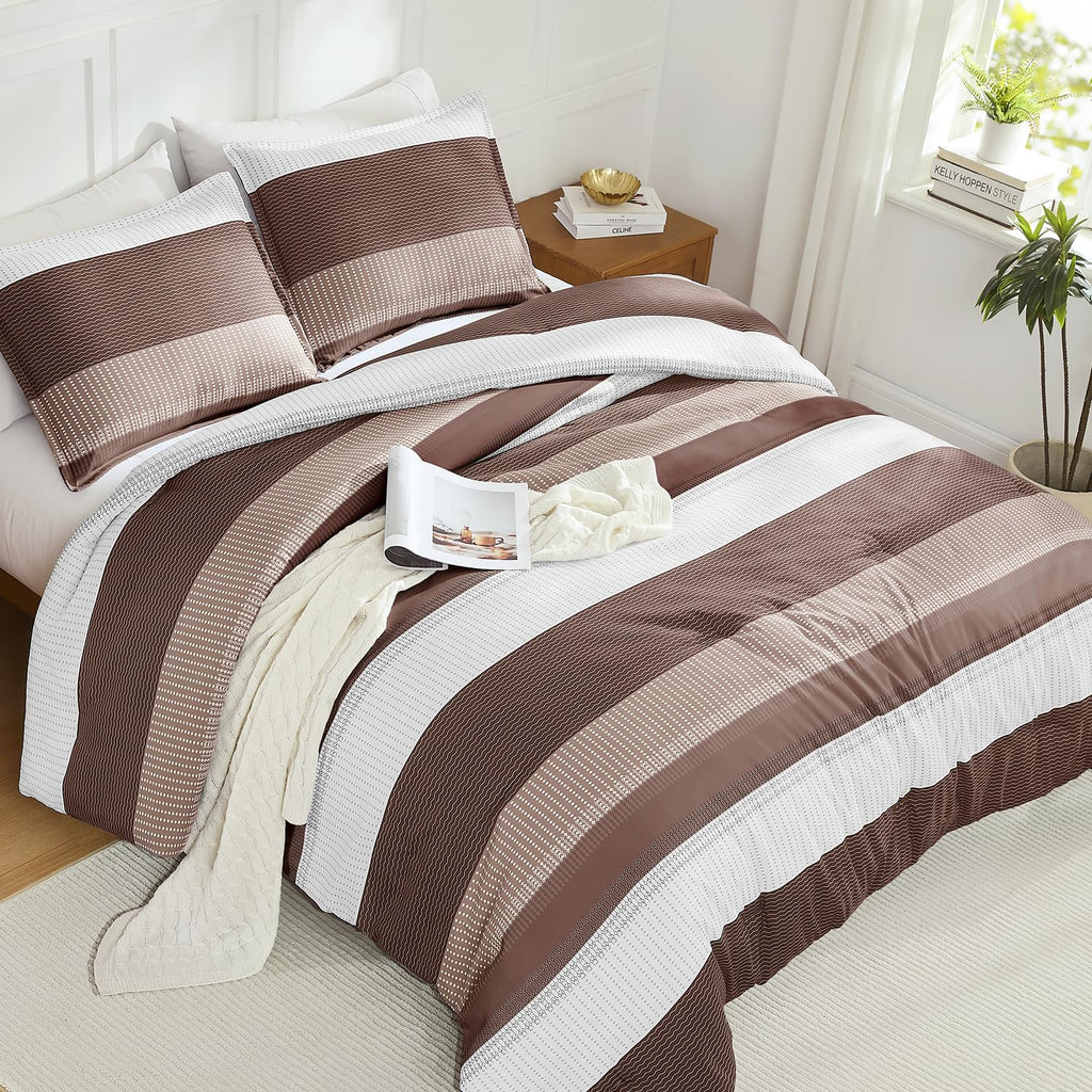 Brown Comforter Set - 3 Pieces Stripe Bed Set