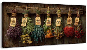 Rustic Farmhouse Wall Decor Canvas, Vintage Kitchen Wall Art, Faux Wood Panel Colorful Herb Picture Print, Kitchen