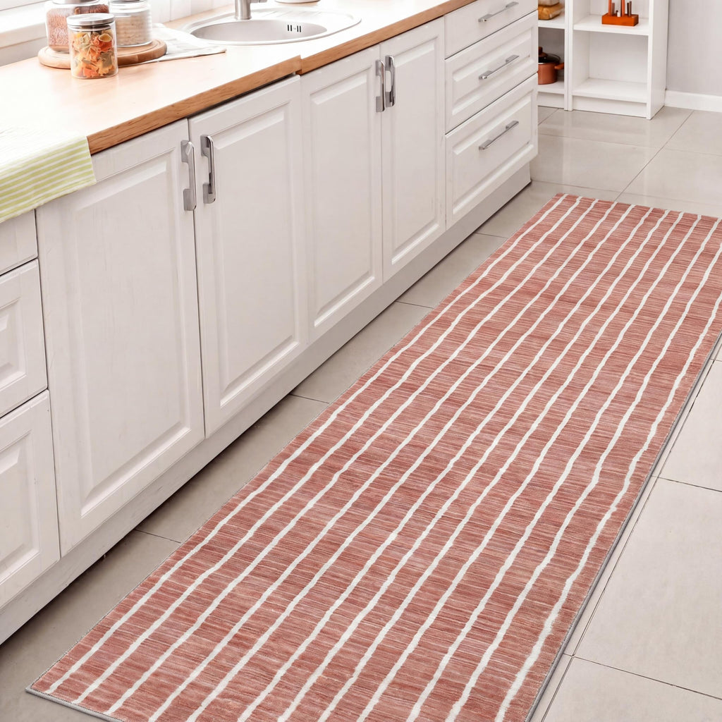 Washable Orton Distressed Ticking Stripe 2' x 8' Machine-Washable Polyester Runner Rug, Rose Clay and Cream