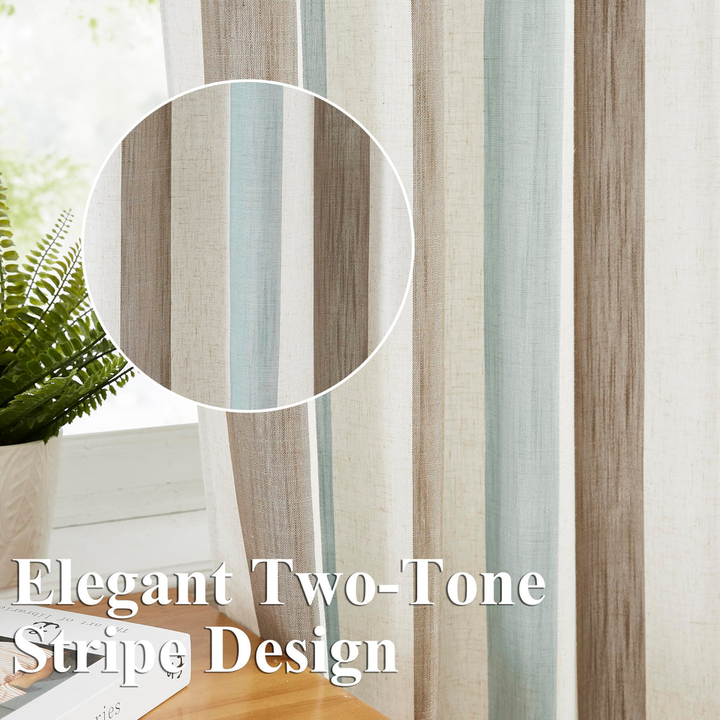 Linen Stripe Curtains Brown and Aqua 40"Wx95"L 2 Panels