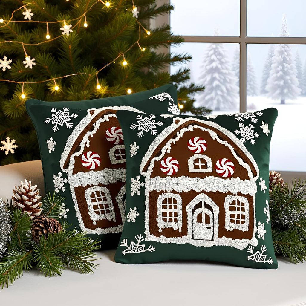 Christmas Green Throw Pillow Covers 18x18 Xmas House - Set of 2