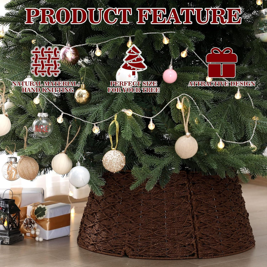 Woven Rattan Christmas Tree Collar, Neutral Wicker Tree Skirt, Rustic Farmhouse Christmas Stand Base Cover Decor