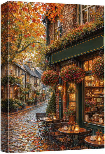 Canvas Wall Vintage European Autumn Town Street Cafe Multicolor - 24"x36"
