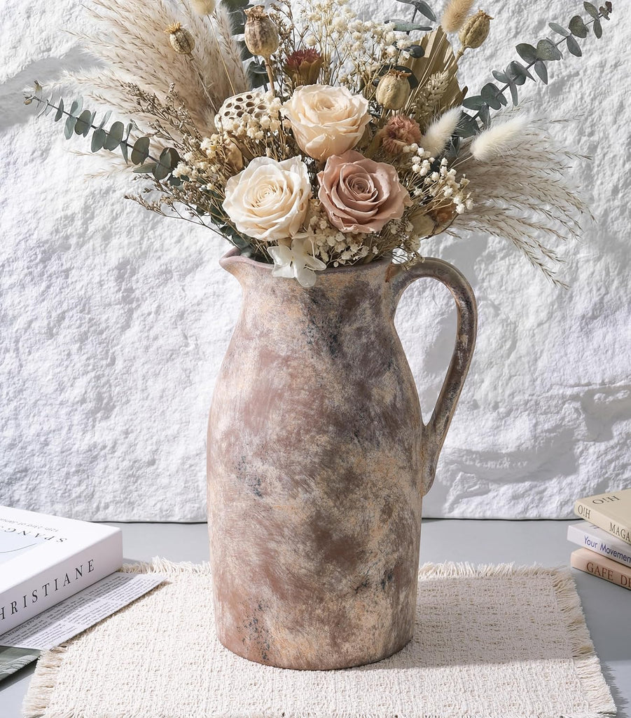 Ceramic Flower Vase with Handles,11" Neutral Tall Clay Terracotta Vases Farmhouse Table Vases with Handle Living Room