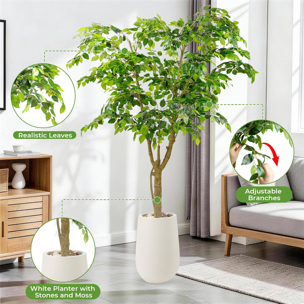 6.5FT Artificial Ficus Tree with White Planter, Moss and Pebbles