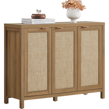 Rattan Buffet Cabinet with Storage 43.5" Sideboard Cabinet with 3 Doors & Adjustable Shelves Wood Sideboard Credenza