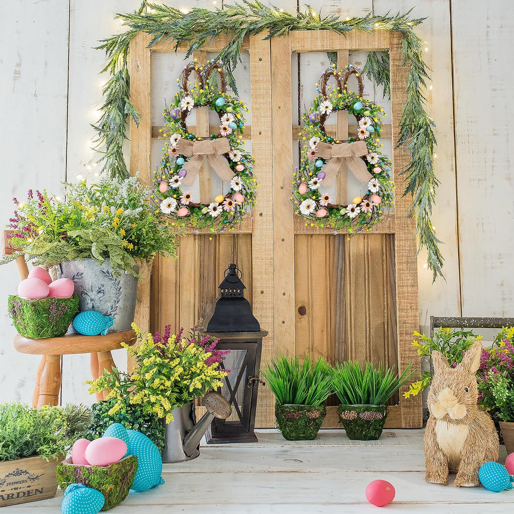 25 Inch Easter Bunny Shaped Artificial Flower Wreath with Colorful Berries Daisies Greenery Bow Knot for Front Door