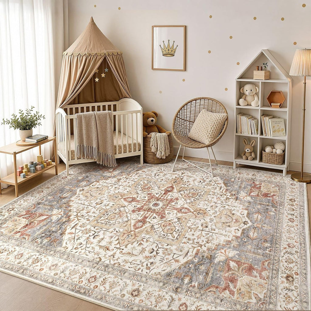 Area Rug Living Room Rugs - 10x14 Washable Boho Rug Vintage Oriental Distressed Farmhouse Large Thin Indoor Carpet
