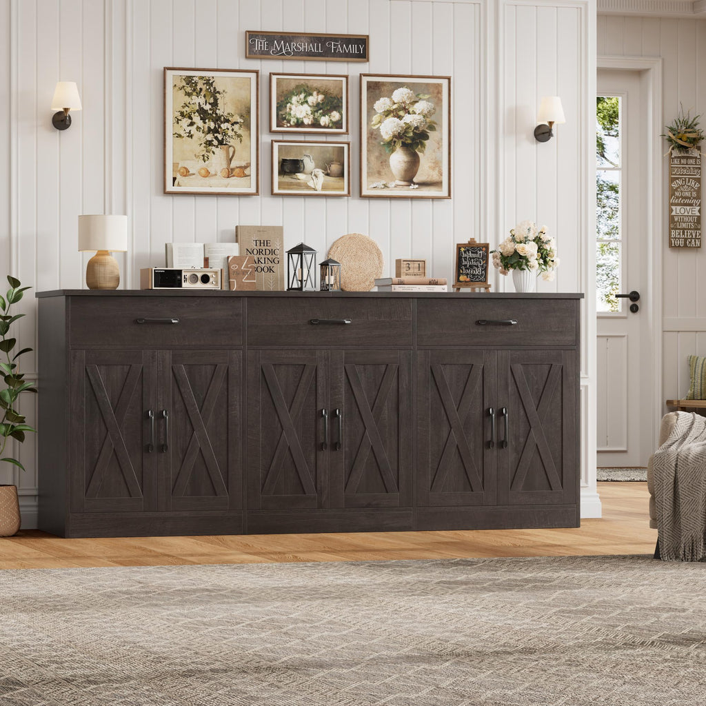 71"W Farmhouse Kitchen Sideboard Buffet Cabinet with Storage, Brown