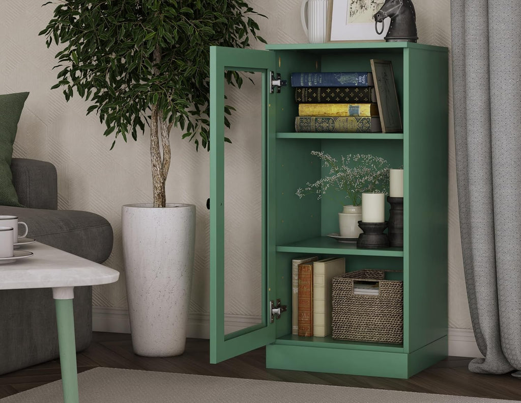 100% Solid Wood Green 3-Shelf Bookcase w/Adjustable Shelves & Glass Door, 16.5" w x 35.75" h x 15.5" d, Renewable