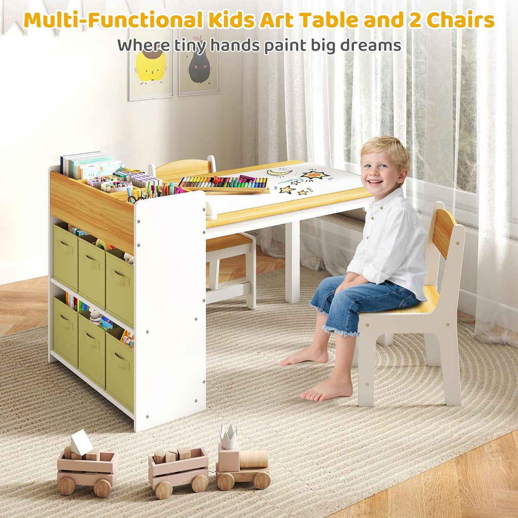 Kids Art Table & Chair Set, Wood w/Storage & Paper Roll, Natural