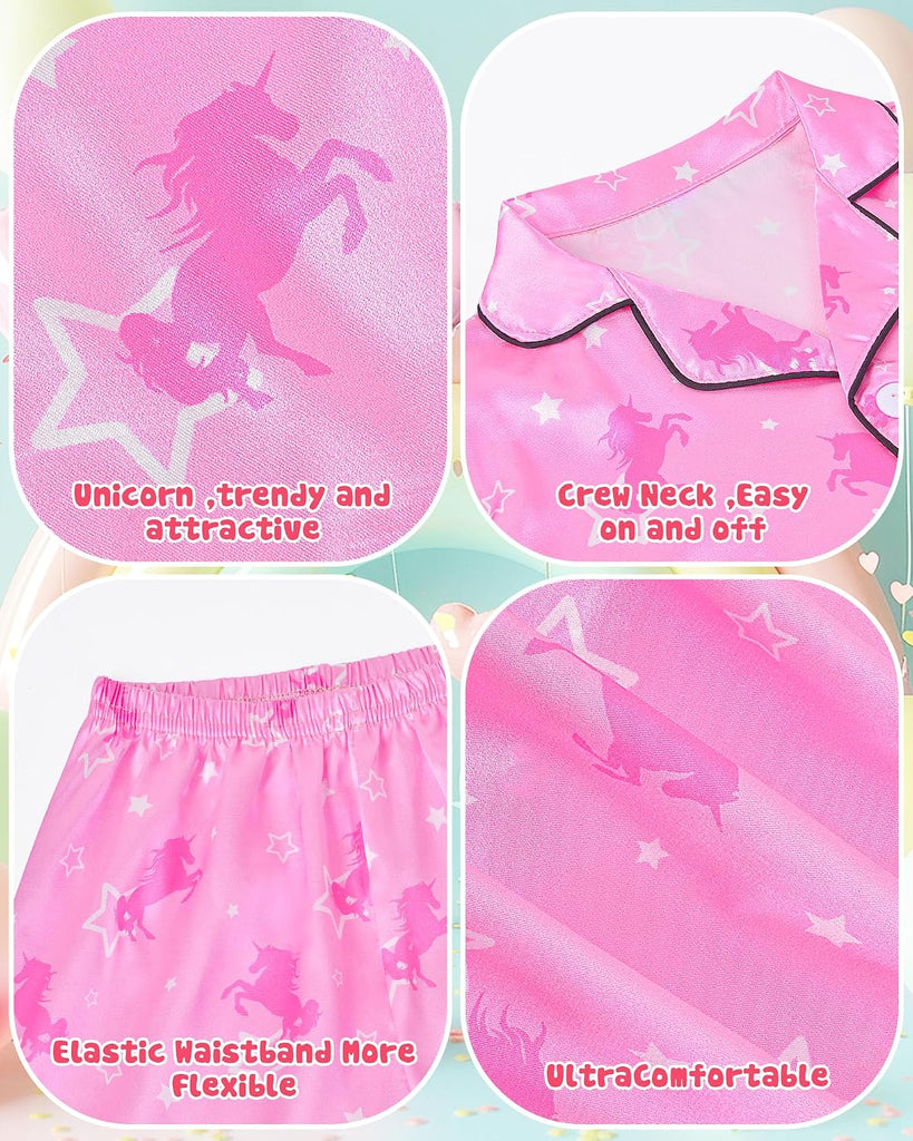 Kids Girls Pajama Set Silky PJS Button-Down Sleepwear Nightwear Loungewear Clothes Set Gifts