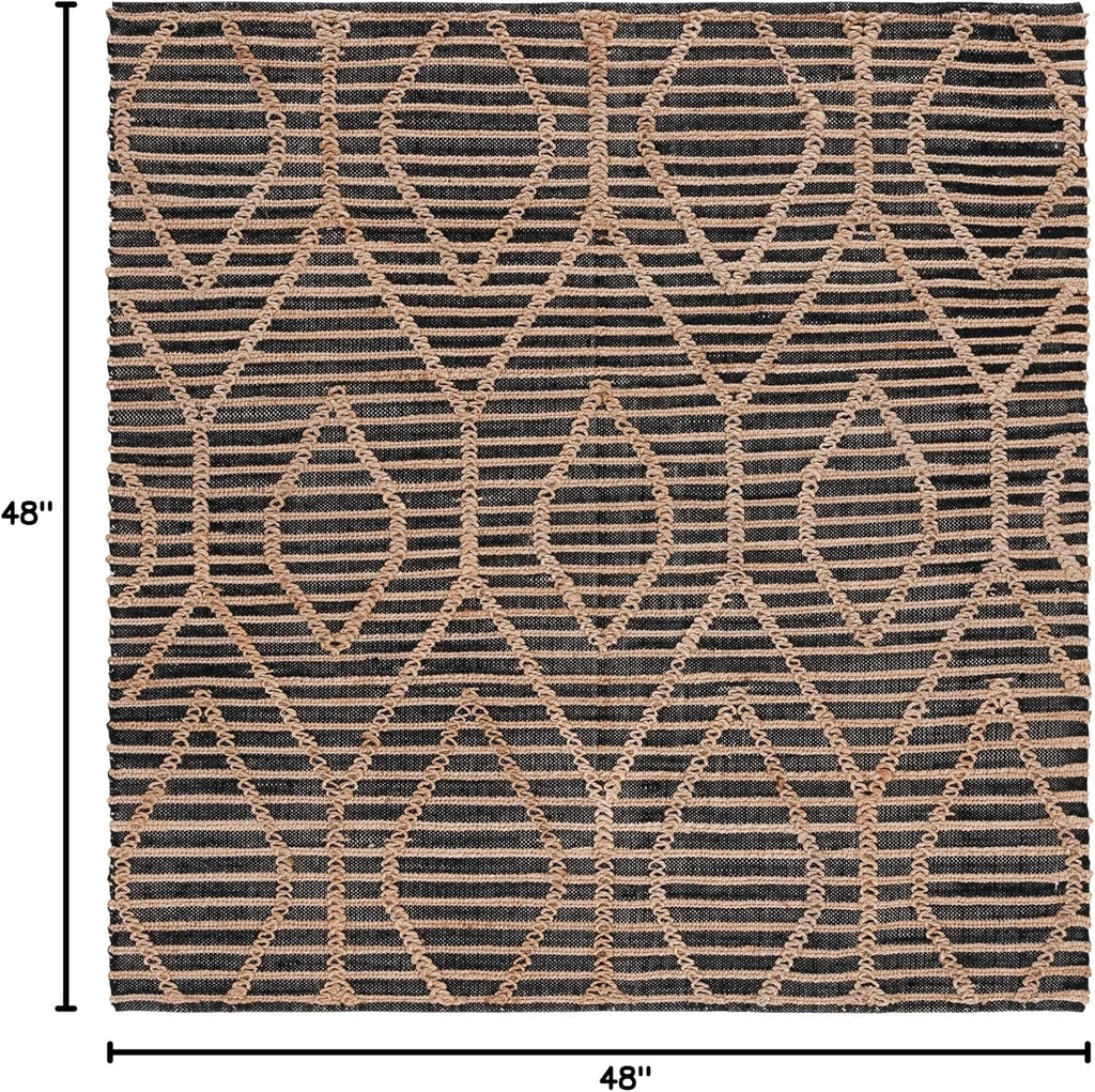 Natural Fiber Collection Area Rug - 4' Square, Black & Natural, Flat Weave Jute, Ideal, Dining Space (NF378Z)
