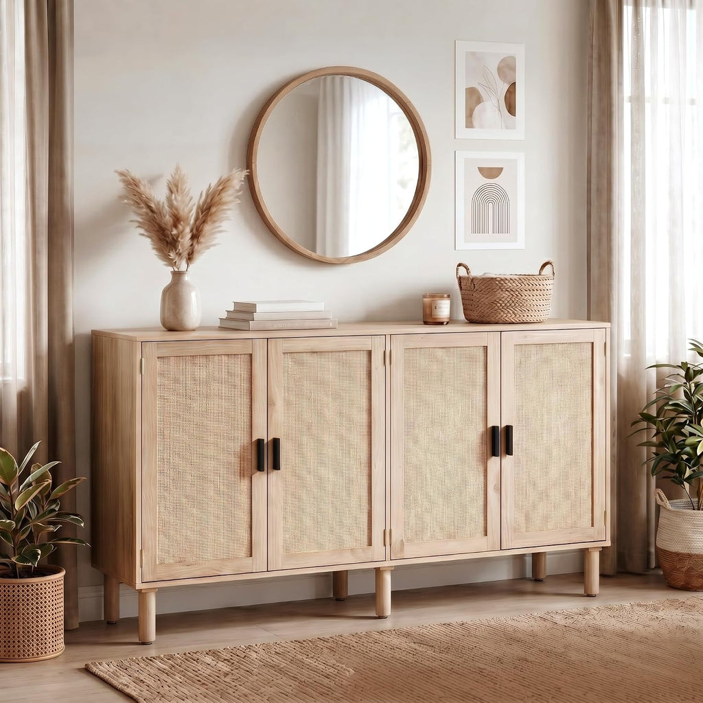 4 Door Sideboard Buffet Cabinet, Kitchen Storage Cabinet with Rattan Decorated Doors, Cupboard Console Table, Boho
