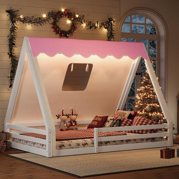Full Size House Floor Bed with Canopy Tent and LED Lights, Wood Teepee Montessori Floor Beds Frame with Guardrails