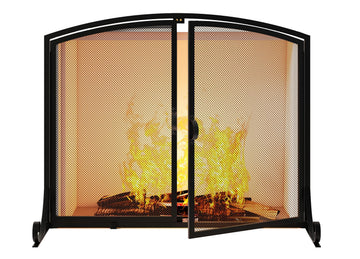 Fireplace Screen with Doors, 35" W x 28" H, Heavy Duty Solid Steel Frame, Wrought Iron Spark Guard, Baby Proof