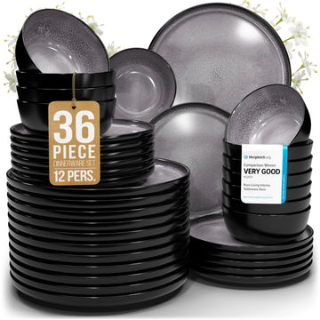 36 Piece Stoneware Dinnerware Set for 12, Handcrafted Plates and Bowls Set
