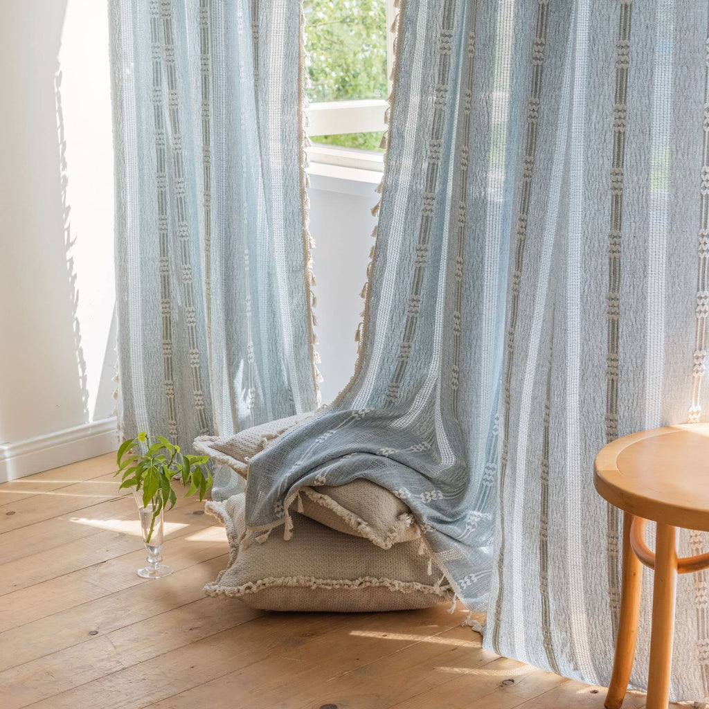 Boho Embroidery Striped Farmhouse Curtains - 84 Inch Long, 2 Panel Set, Blue Linen, Tassel, Semi-Blackout (52" W x