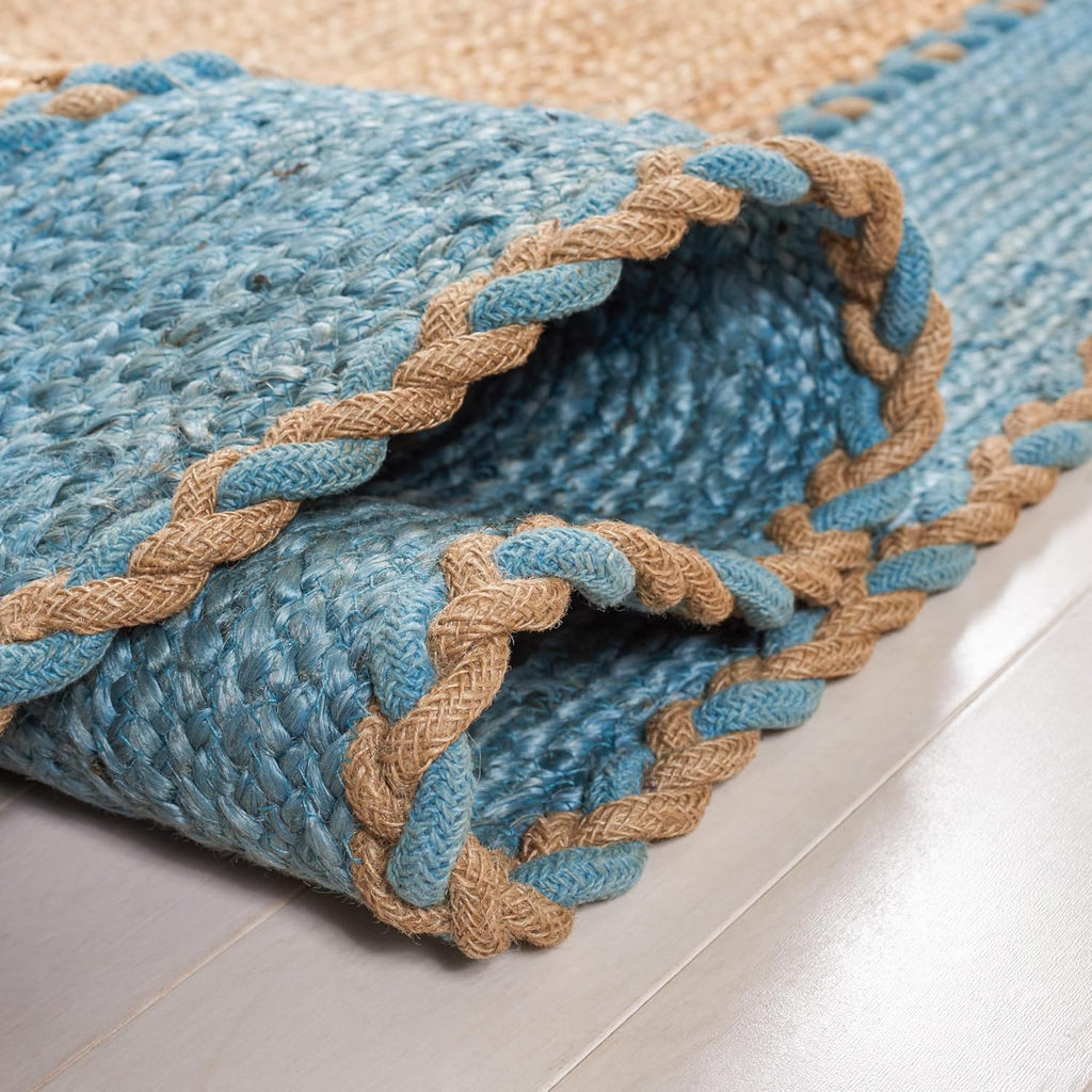 Natural Fiber Collection Area Rug - Oval, Natural & Blue, Handmade Jute, Ideal for High Traffic Areas