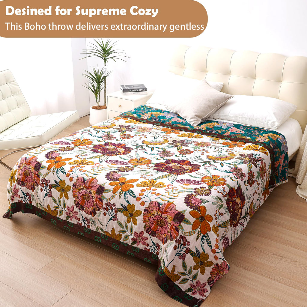 King Boho Throw Blanket for Bed, 100% Cotton Muslin Soft Throw-Floral Farmhouse Rustic Decor Blanket for Couch Sofa