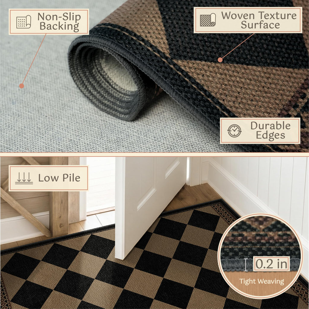 3x4 Checkered Outdoor Rug, Easy Jute Indoor Throw Rug, Diamond Farmhouse Front Porch Rug, Boho Washable Non Slip