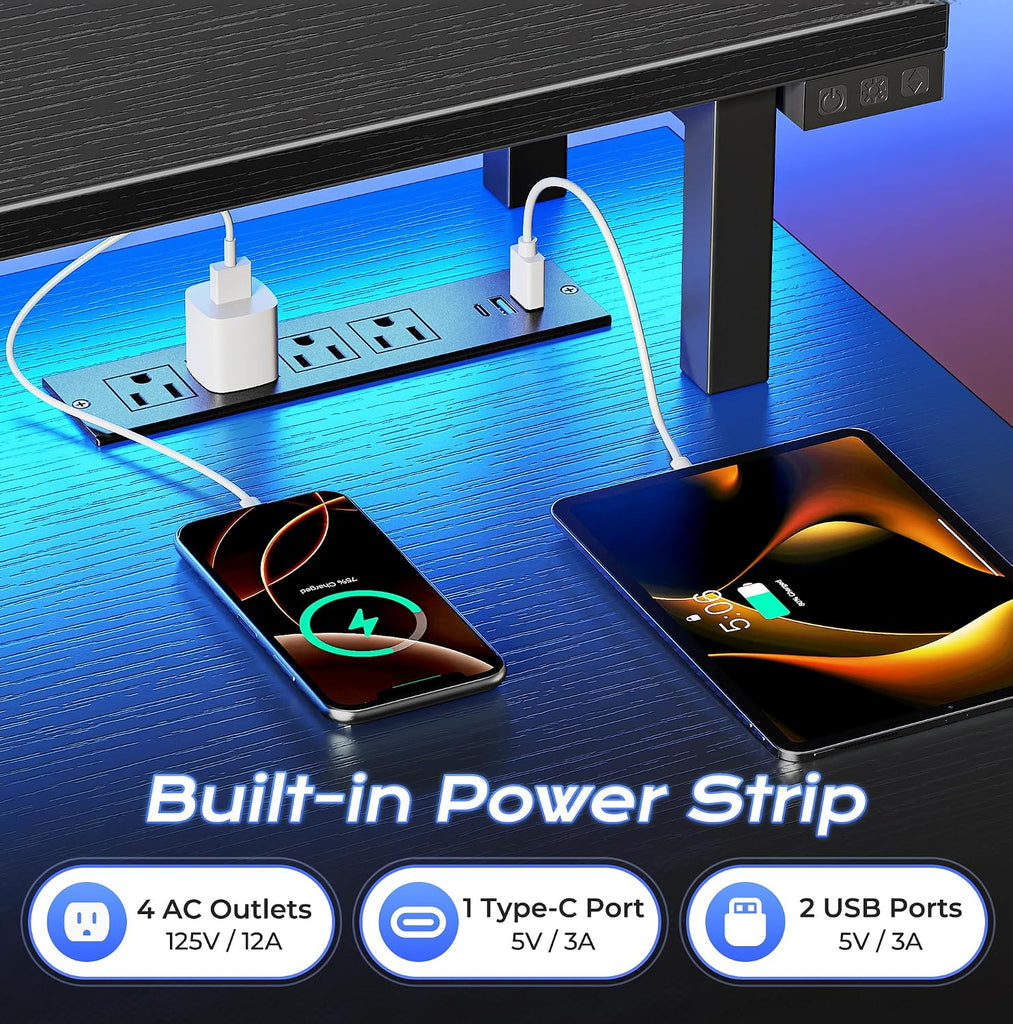 55 inch Gaming Desk, LED & Power Outlets, Monitor Stand, Black | Sturdy PC Desk , Study & Work, LED Lights, 4 AC