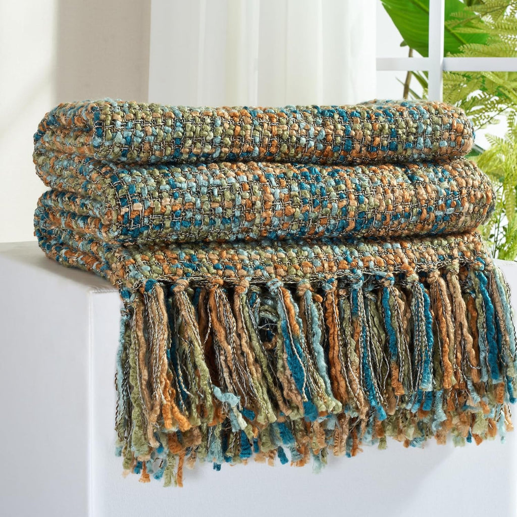 Multi-Color Gold Green Cable Woven Throw Blanket,50"X60" Boho Style Textured Blankets,Super Soft Warm Cozy Chunky
