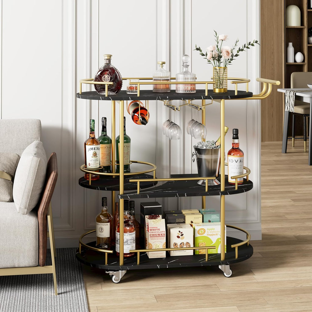 3-Tier Wheeled Bar Cart with Wine Rack Glass Holder Metal Serving Trolley,Gold Paint + Black Marble Panel