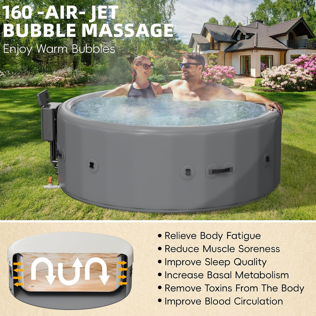 77 Inch Drop-Stitch Inflatable Hot Tub for 6 Person, Rigid Portable Outdoor Spa with 160 Bubble Jets, 104°F Smart