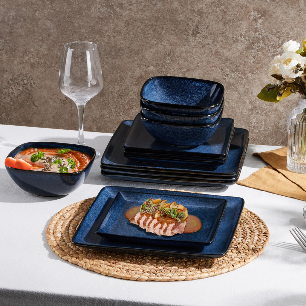18-Piece Square Stoneware Dinnerware Sets for 6, Reactive Blue Glaze