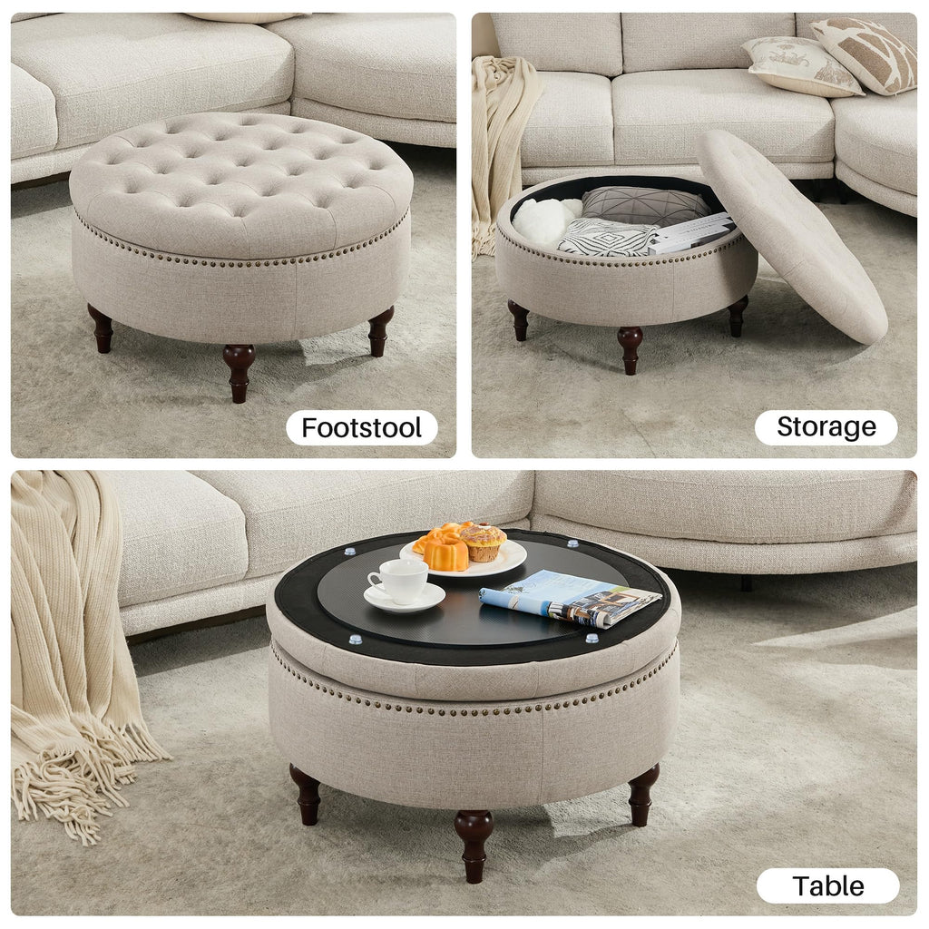 31.5"Large Round Storage Ottoman, Tufted Linen Ottoman Coffee Table