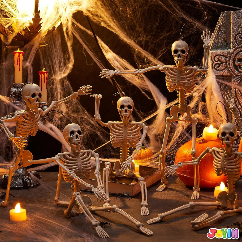 Posable Halloween Skeleton Decor 16 Inches, Full Body Posable Joints Hanging Skeletons for Halloween - Set of 5