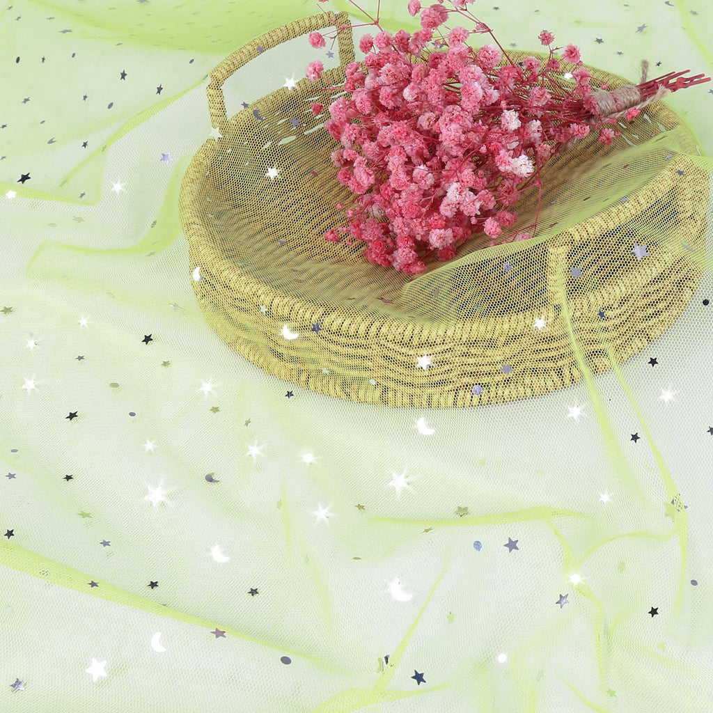 1 Yard Glitter Tulle, Star Moon Sequin, 54" Wide Lime Green