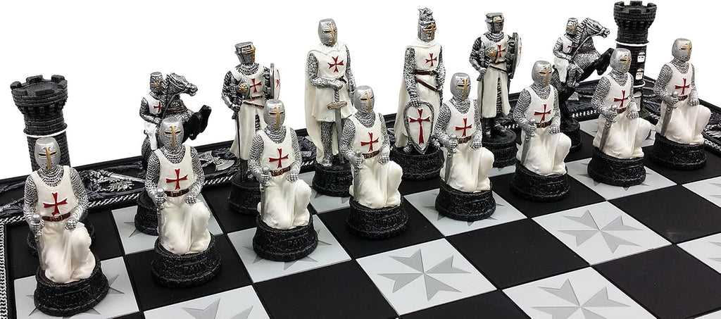 Medieval Times Crusades Red and White Armored Maltese Knights Chess Set with 17" Board