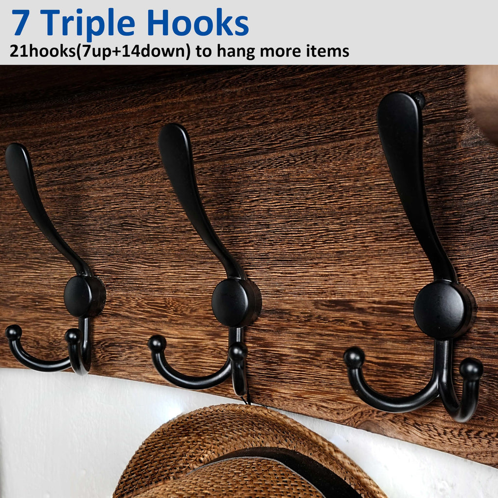 Rustic Coat Rack Wall Mount with Shelf, 35" Long Wall Shelf with Hooks Underneath, 7 Triple Hooks for Hanging