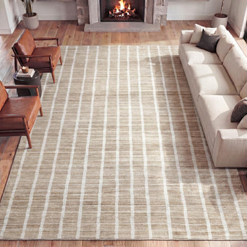 Washable Orton Distressed Ticking Stripe Machine-Washable Polyester Area Rug, Beige and Cream, Farmhouse
