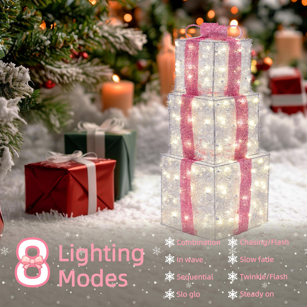 Christmas Decorations, 140 LEDs Set of 3 Lighted Gift Boxes with Silver Tinsel and Pink Bows, Warm White Present