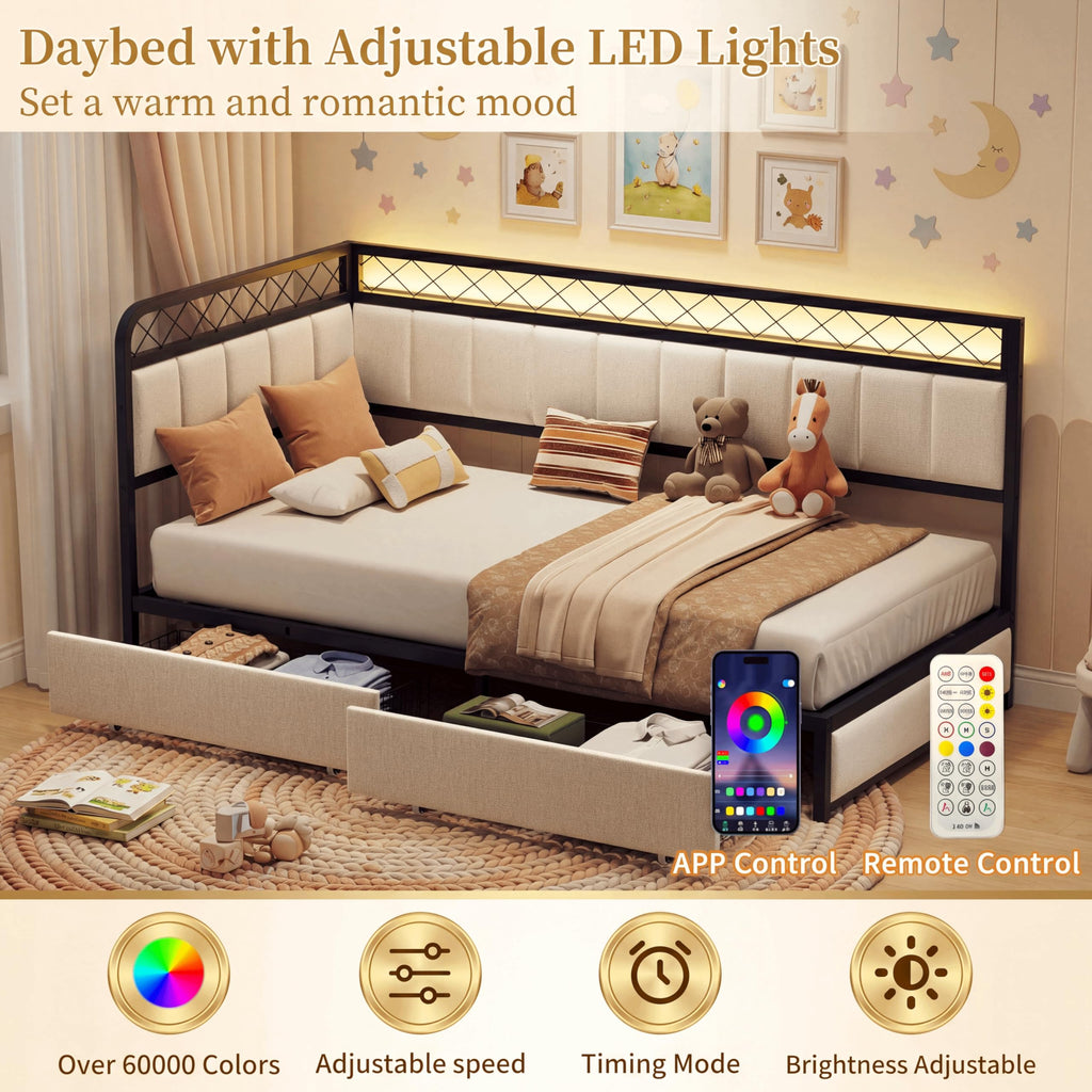 Twin Corner Bed Frame with 2 Storage Drawers, Daybed with LED Lights and Charging Station, Metal Platform Bed Frame