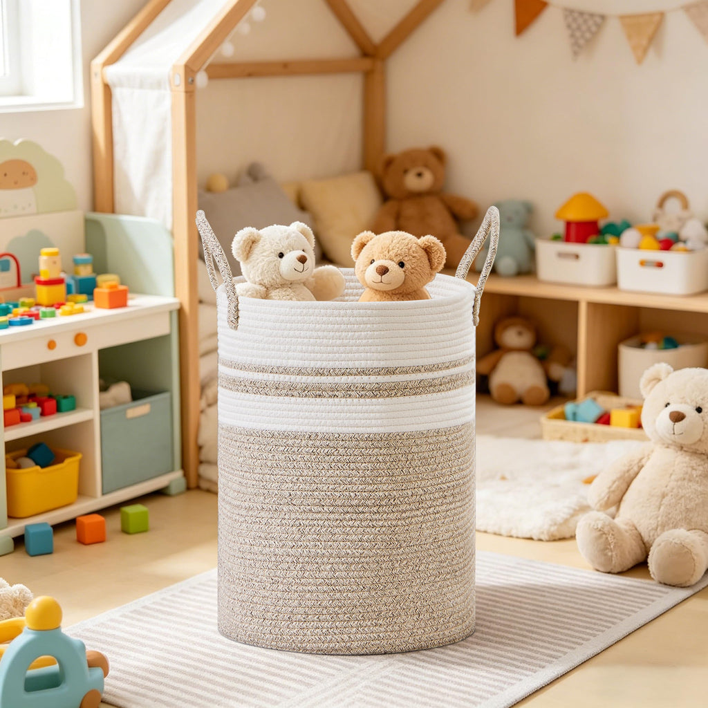 53L Tall Cotton Rope Laundry Basket with Handles, White & Brown