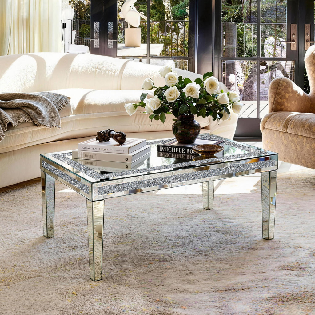 Silver Coffee Table with Crushed Crystal Border, Mirrored Glass