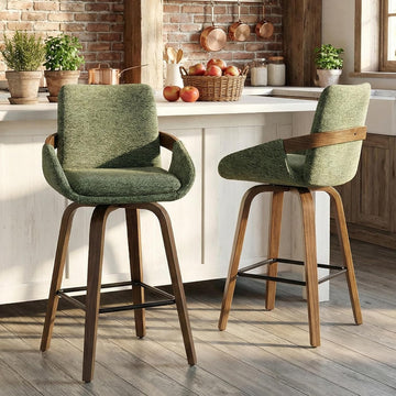 Counter Height Swivel Bar Stools Set of 2, 26" Linen Fabric Counter Stools with Walnut Bentwood Back, Cozy