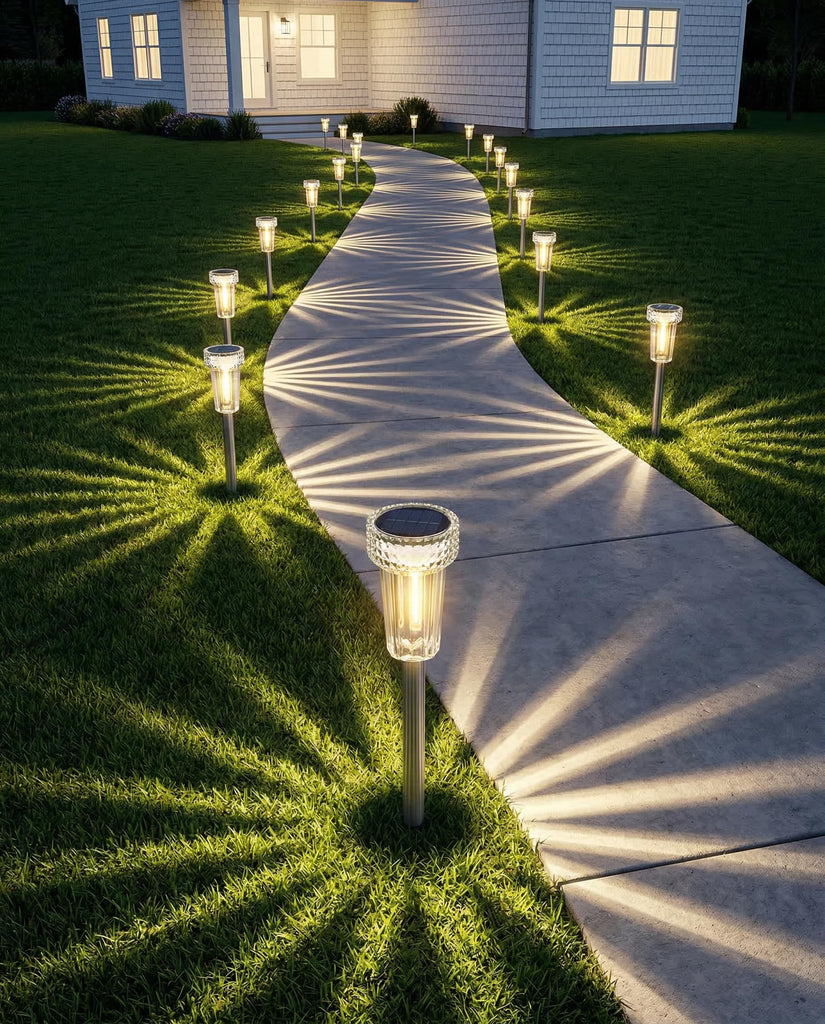 12 Pack Solar Pathway Lights Outdoor, Solar Powered Garden Lights Auto On/Off, Waterproof Stainless Steel Pole