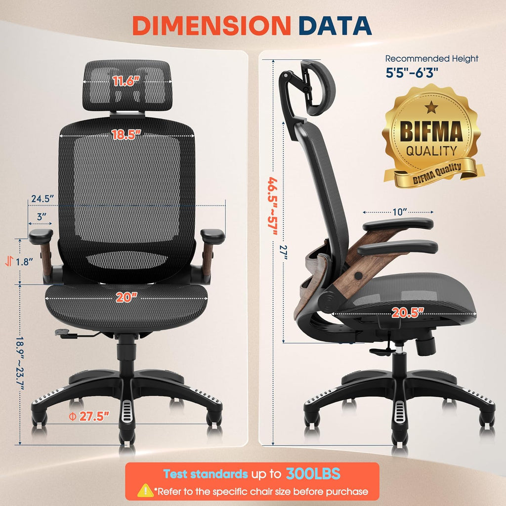 Ergonomic, High Back Home Desk Chair with Headrest, Flip-Up Arms, 90-120° Tilt Lock and Wide Cushion, Big and Tall