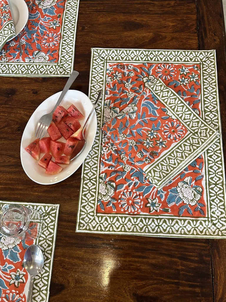 Handmade Placemats and Napkins Set - Blue and Green Cloth Table Mats - Thanksgiving Decor & New Mom Gift (Red)