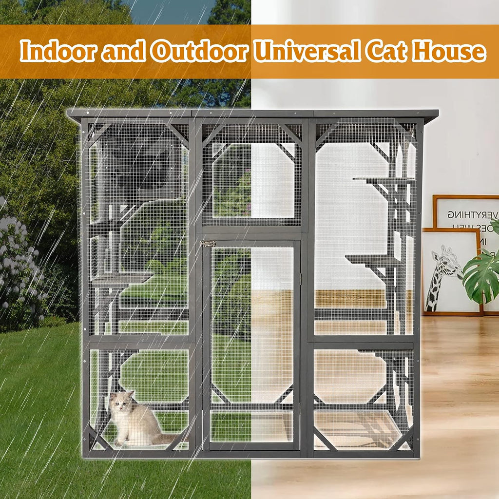 Cat Enclosure Large Outdoor Catio Wooden Cat House with Weatherproof, Cat Cage Condo Indoor Playpen with Platform