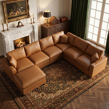 Oversized Leather Modular Sectional Sofa, Brown