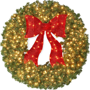 30in Large Artificial Pre-Lit Fir Christmas Wreath Holiday Accent Decoration for Door, Mantel w/Red Lighted Bow, 130