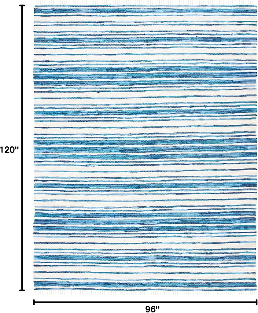 Area Rug 8x10 - Rag Collection - Large - Ivory & Blue, Handmade Cotton, Boho Stripe Pattern, Ideal, Dining Space