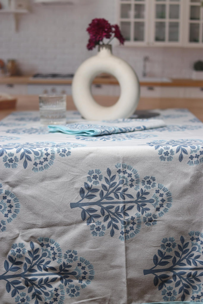 100% Organic Cotton Blue Table Cloth, Indian Block Print Table Linen for Dining, Parties, Wedding, Outdoors Home
