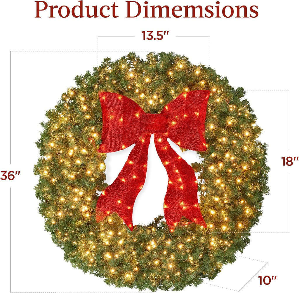 36in Large Artificial Pre-Lit Fir Christmas Wreath Holiday Accent Decoration for Door, Mantel w/Red Lighted Bow, 150